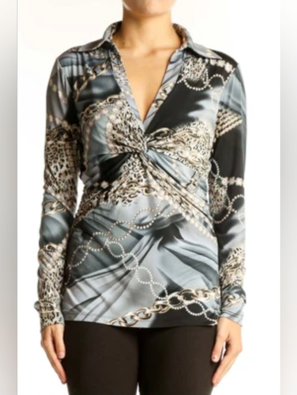 Cache Vintage Women's Plunging V-Neck Cheetah & Diamond Long Sleeve Blouse M EUC